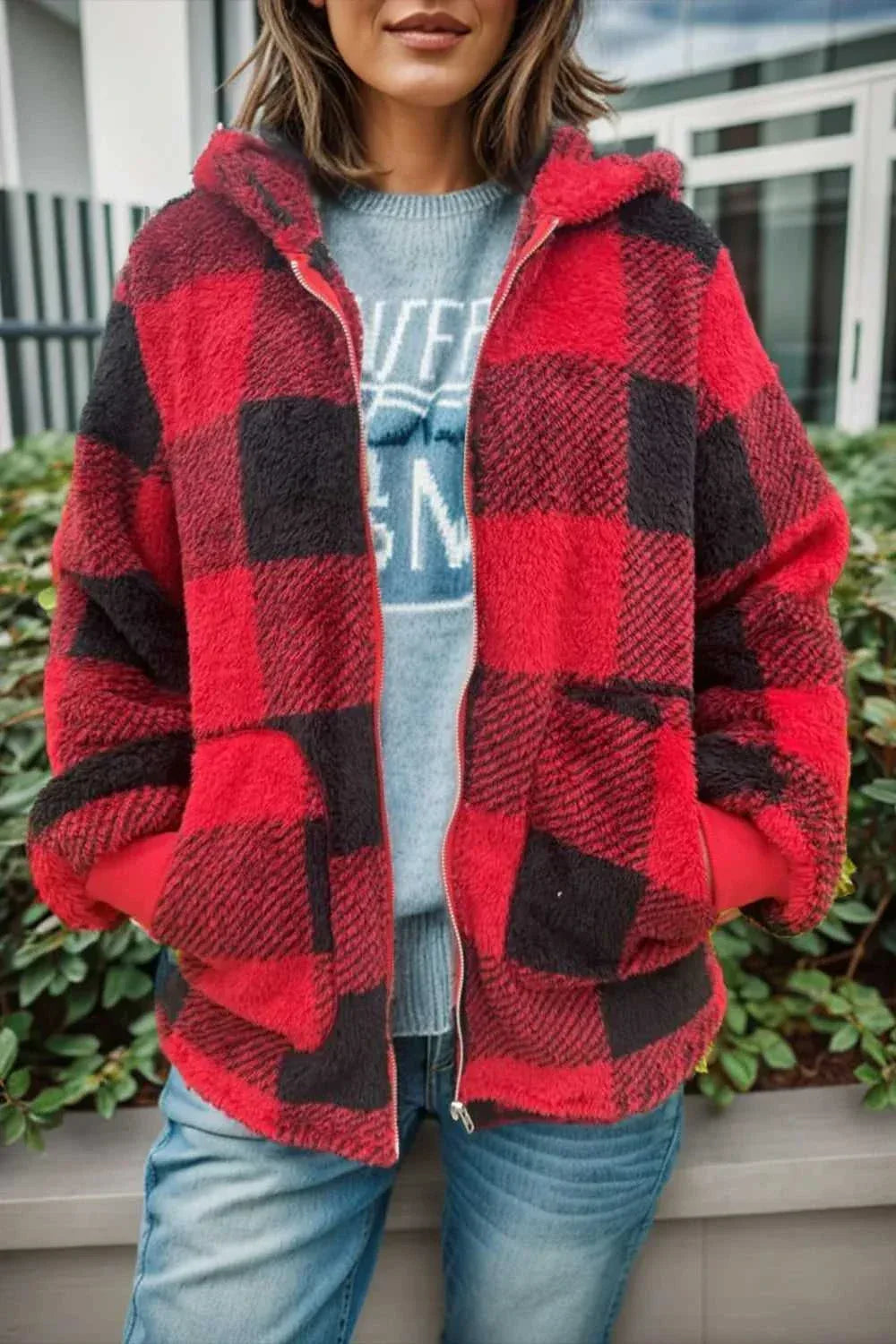 Double Take Full Size Plaid Long Sleeve Hooded Coat -- 