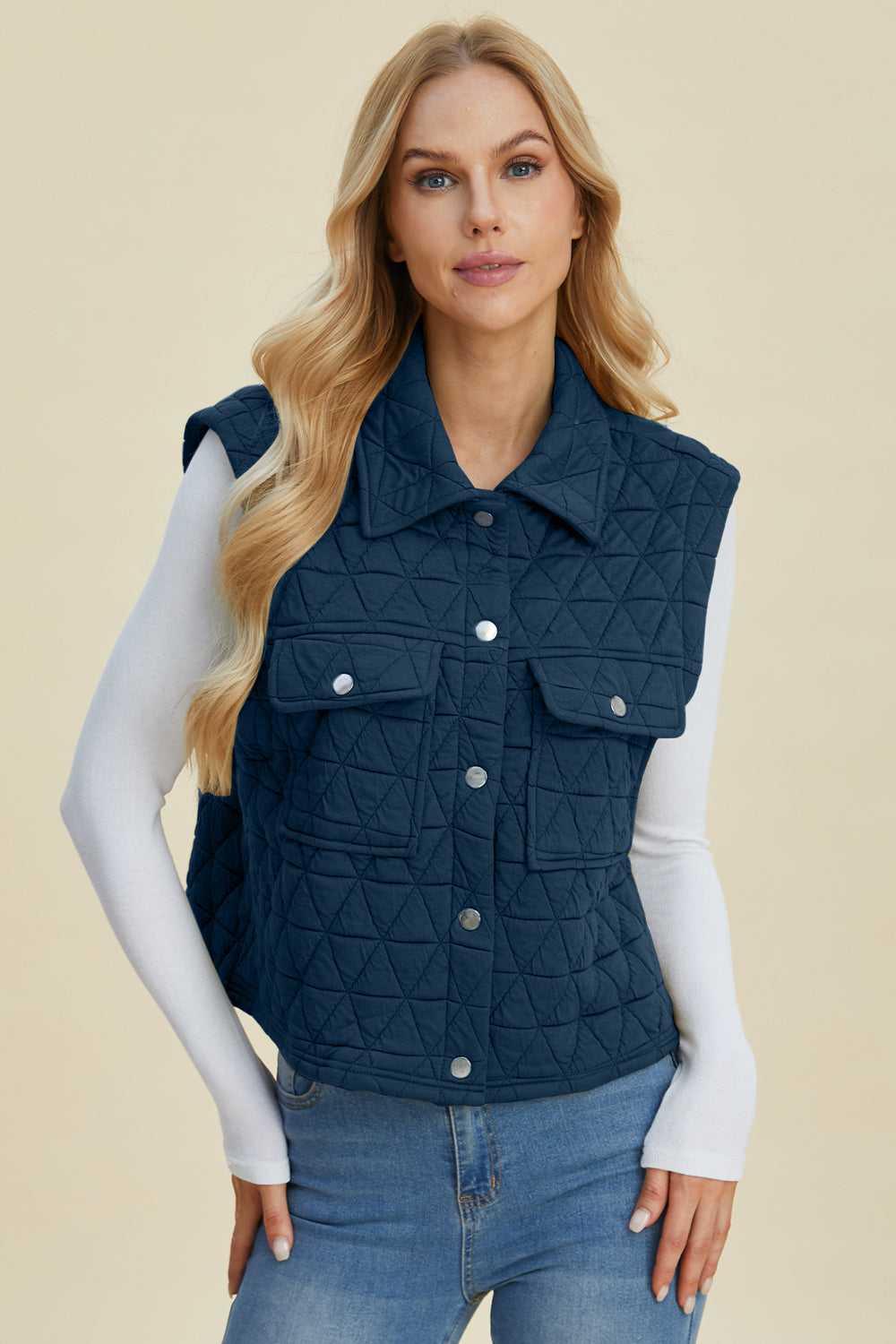 Double Take Full Size Pocketed Texture Snap Down Vest Coat -- 