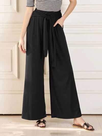 Tied Wide Leg Pants with Pockets -- 