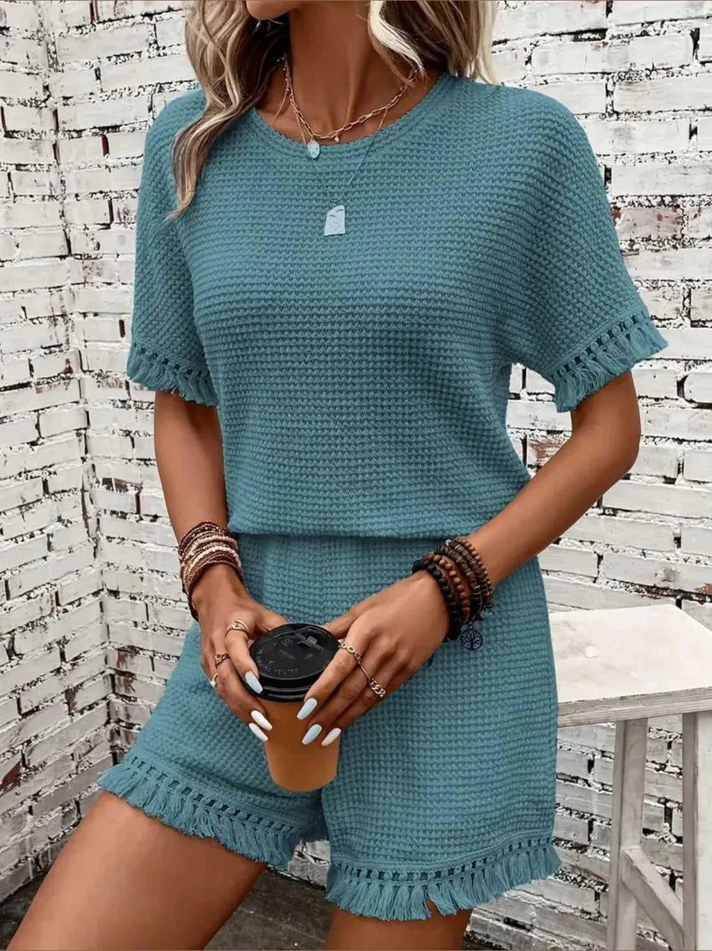 Tassel Round Neck Top and Shorts Set -- 