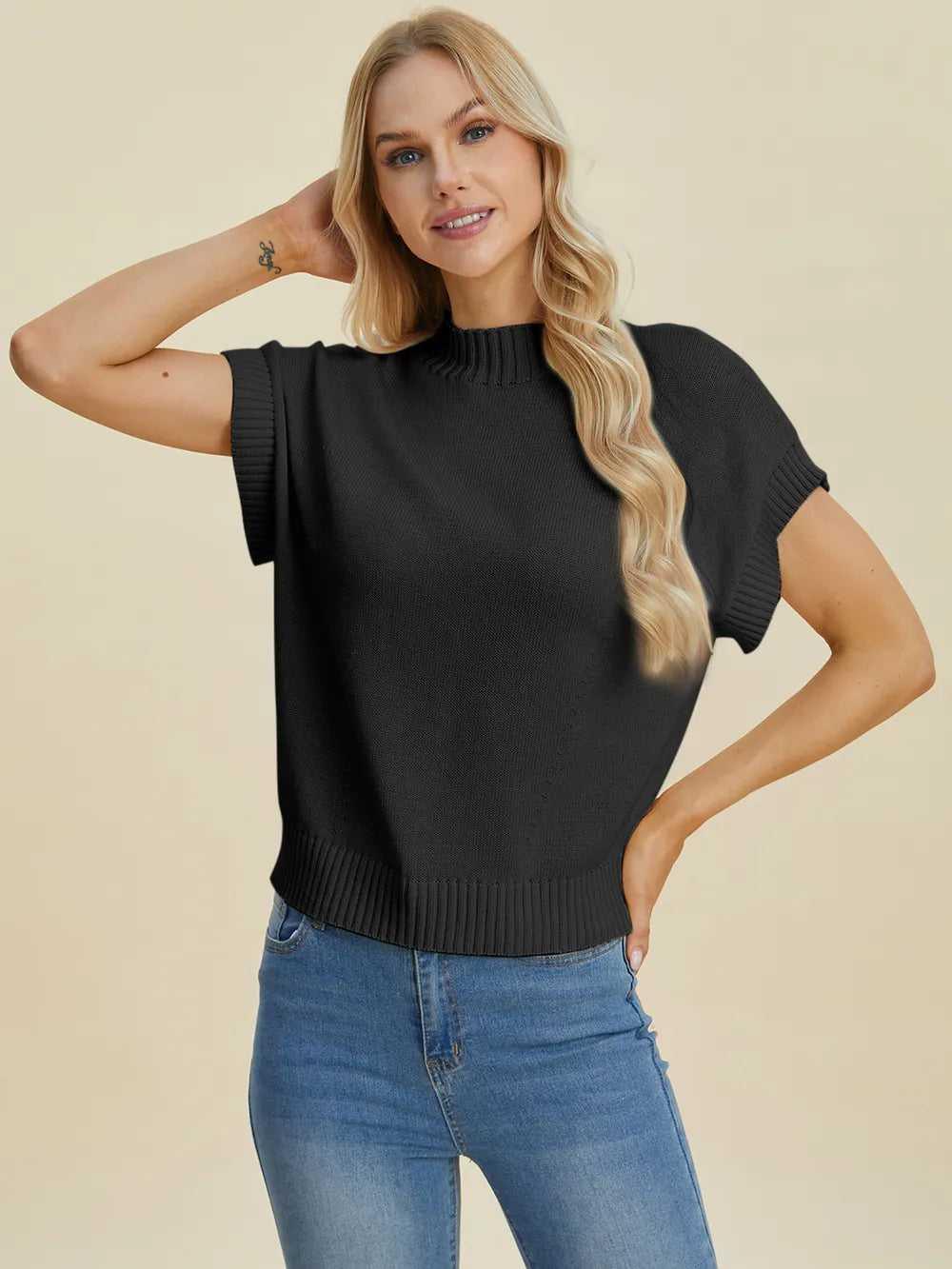 Double Take Full Size Mock Neck Short Sleeve Sweater -- 