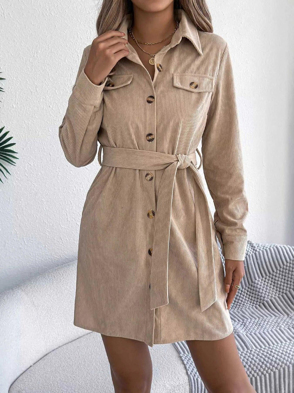Button-Front Corduroy Shirt Dress -- 