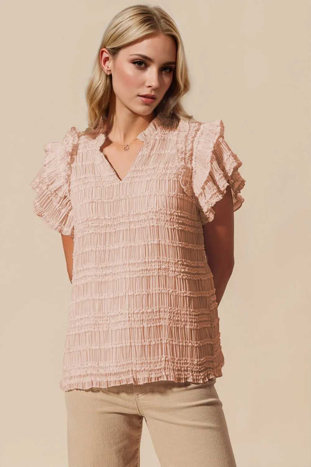 Oh Full Size Frill Notched Flounce Sleeve Blouse
