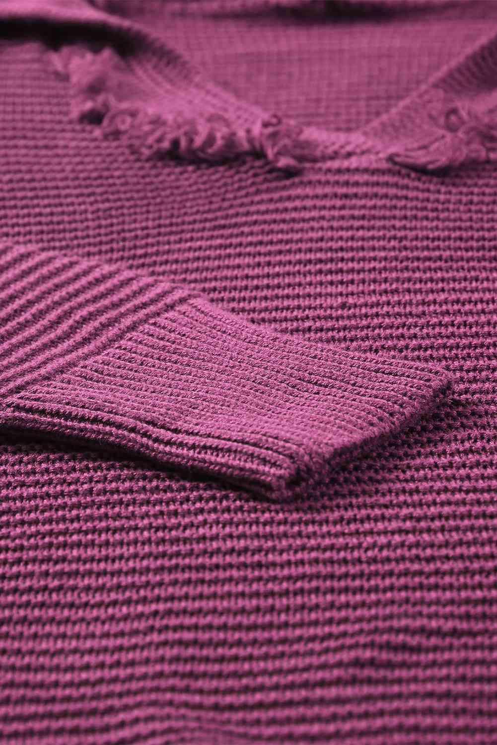 Woven Right Horizontal Ribbing Fringe Trim Hooded Sweater -- 