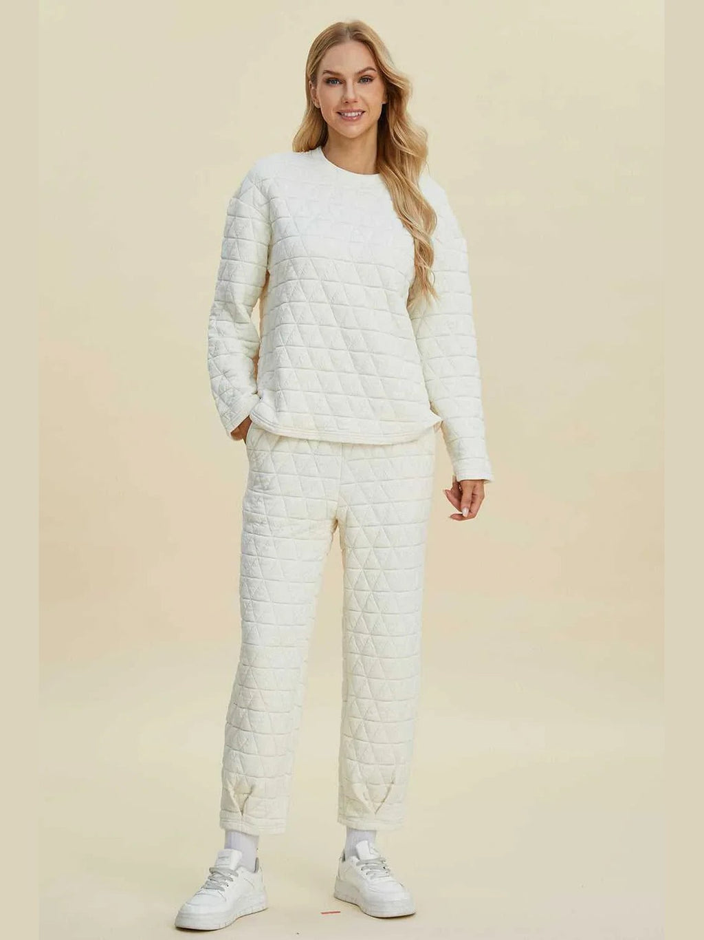 Double Take Full Size Texture Round Neck Long Sleeve Top and Pants Set -- 