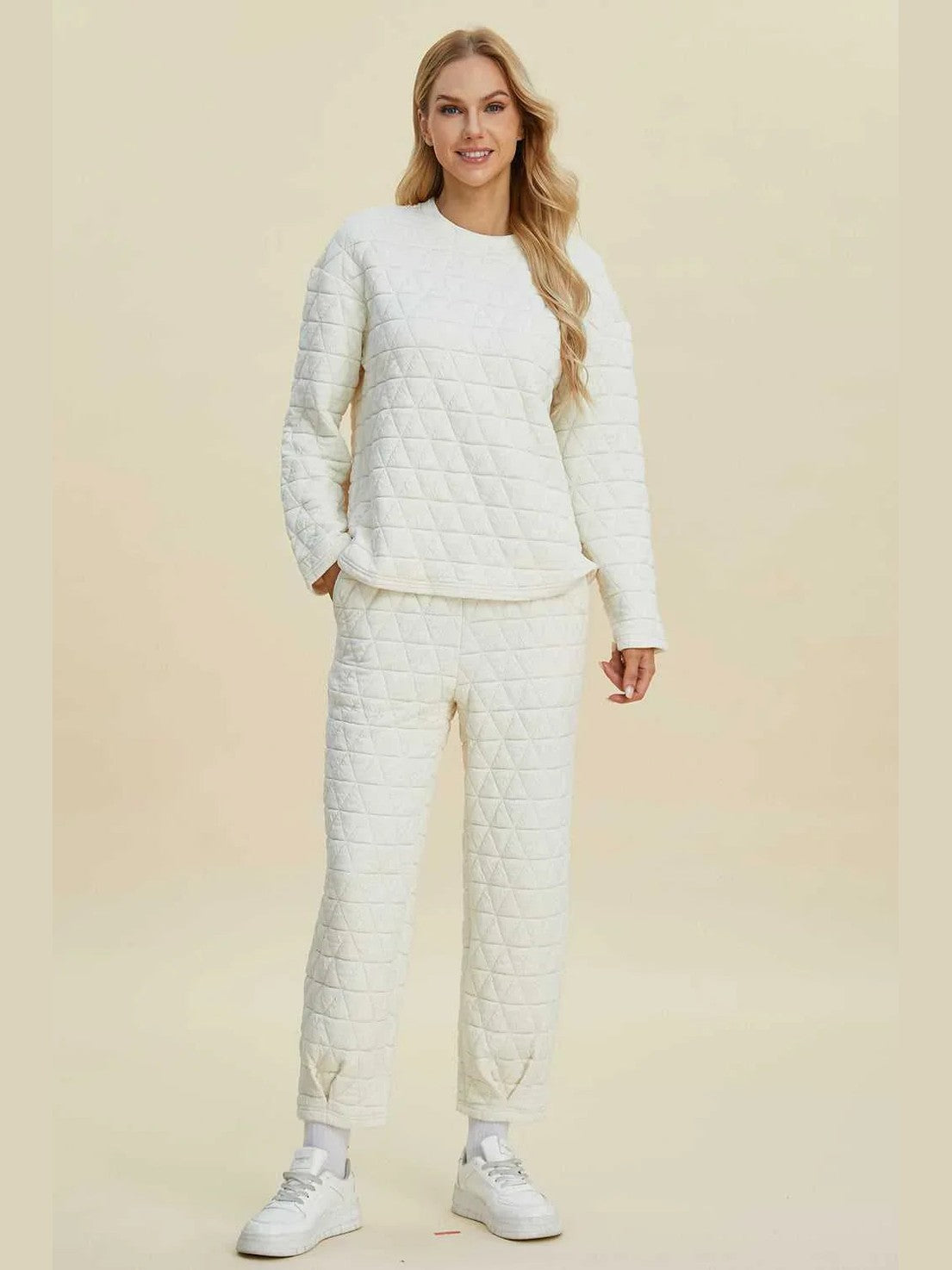 Double Take Full Size Texture Round Neck Long Sleeve Top and Pants Set -- 