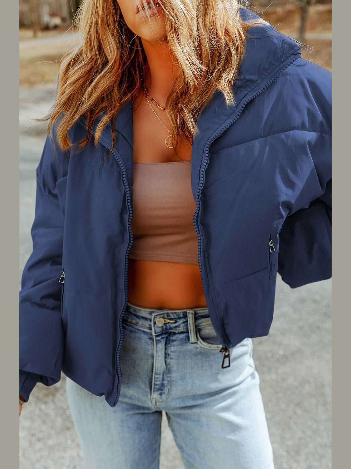 Zip Up Collared Neck Coat with Pockets -- 