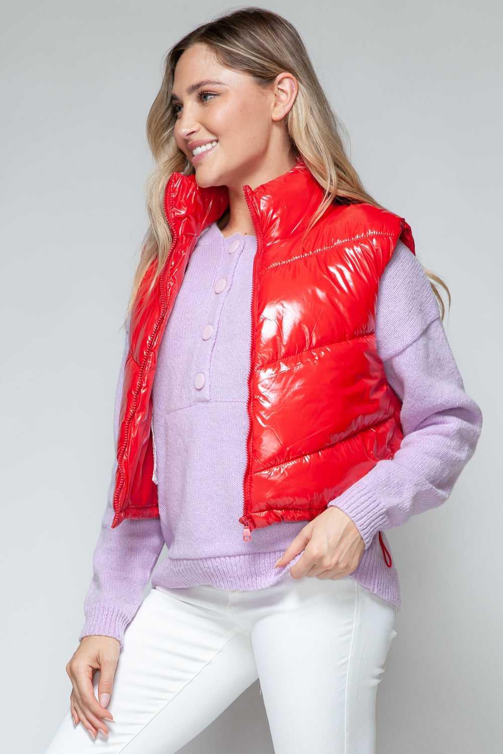 Snobbish Zip Up Turtleneck Shiny Quilted Vest -- 