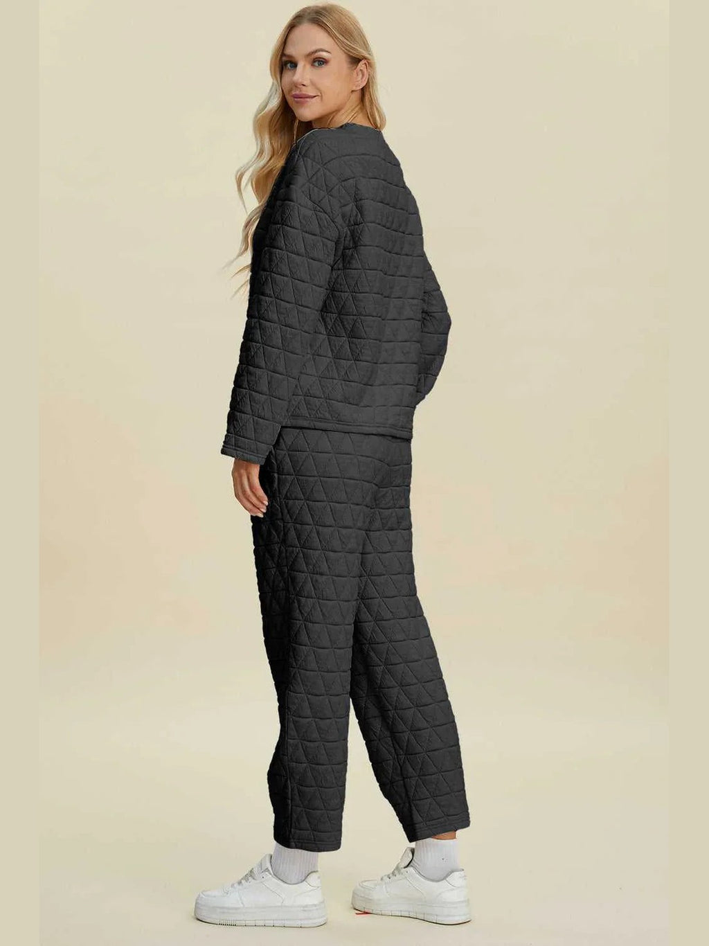 Double Take Full Size Texture Round Neck Long Sleeve Top and Pants Set -- 