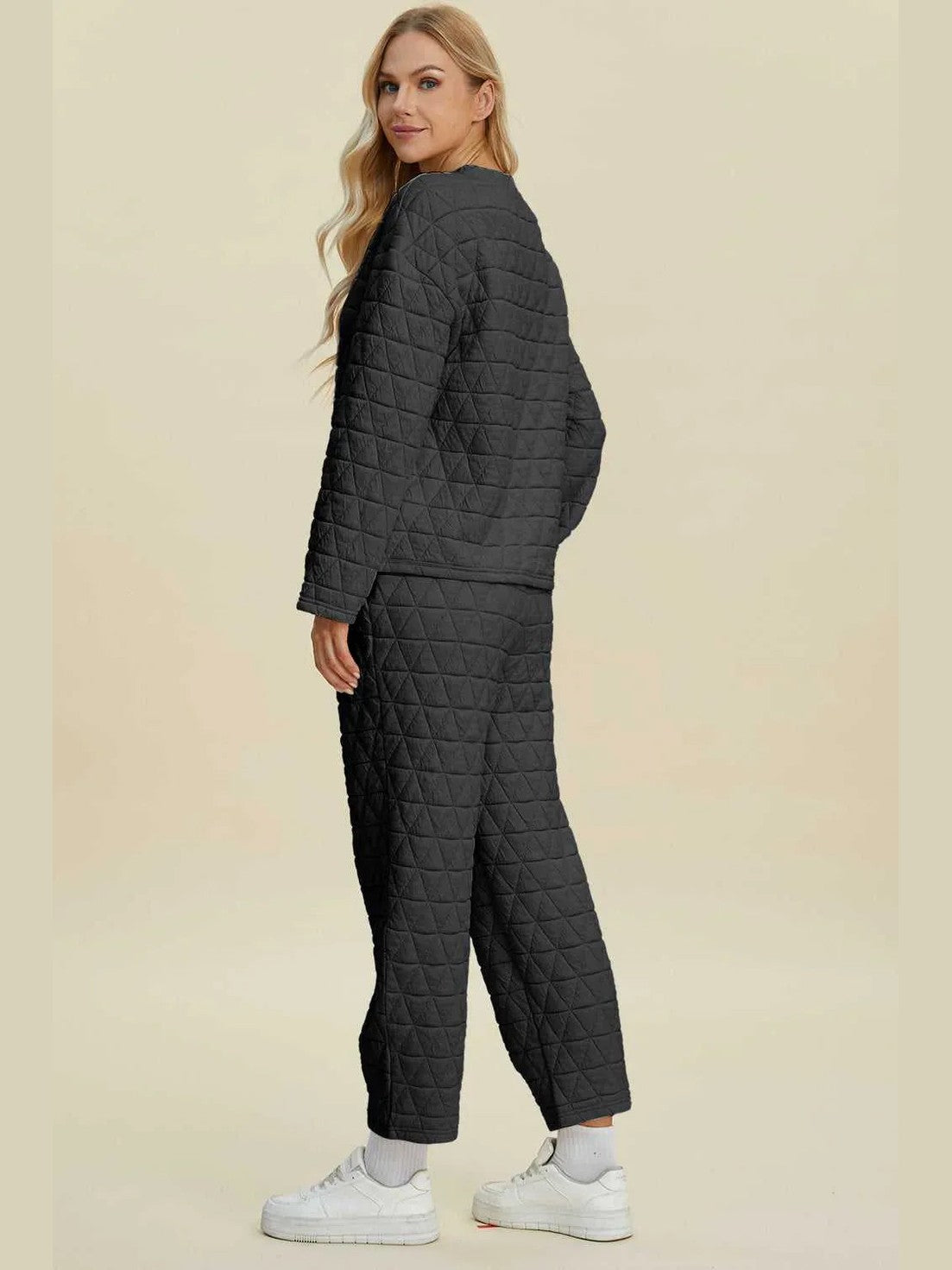 Double Take Full Size Texture Round Neck Long Sleeve Top and Pants Set -- 