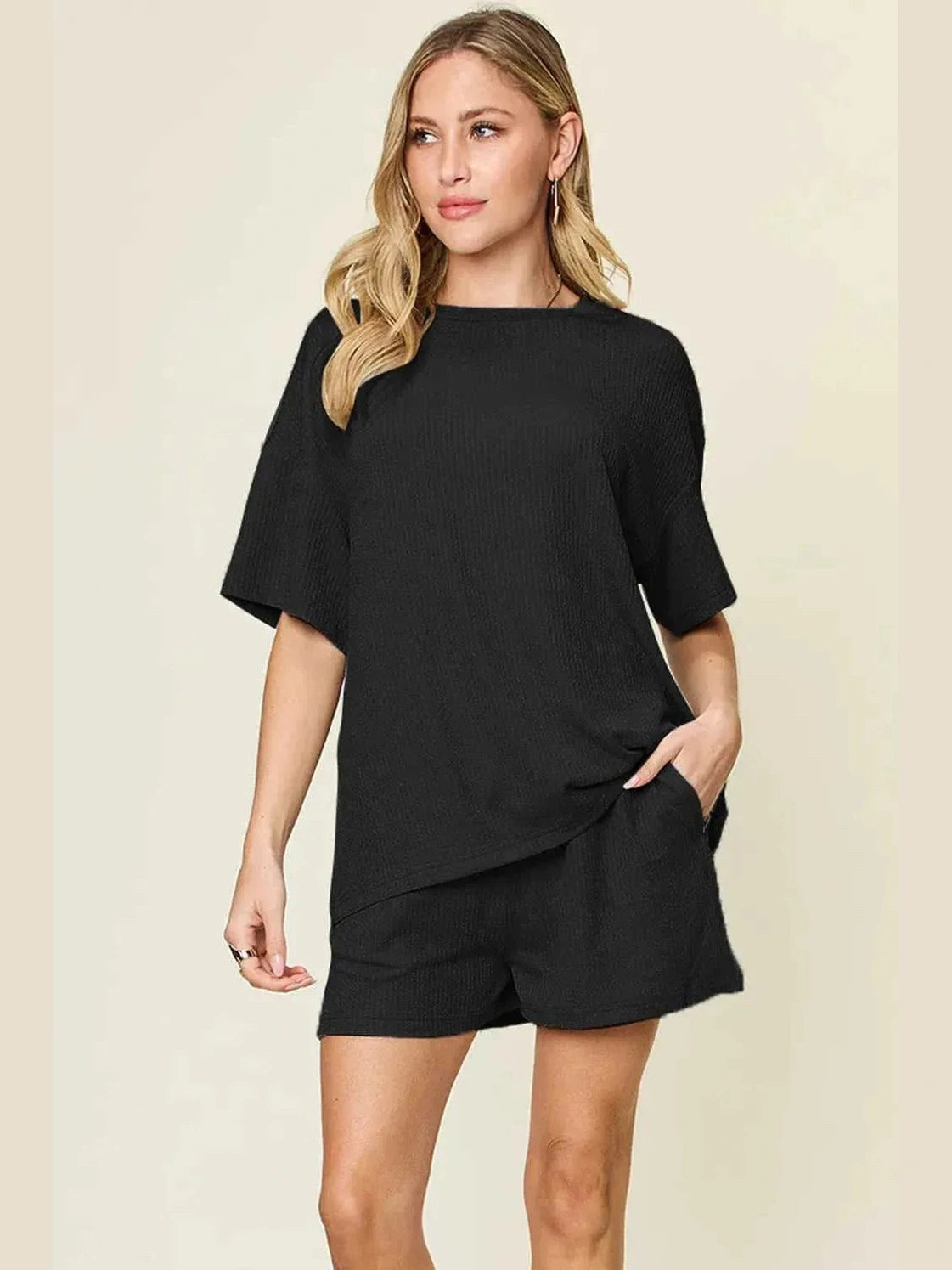 Double Take Basic style Round Neck Solid Set -- 