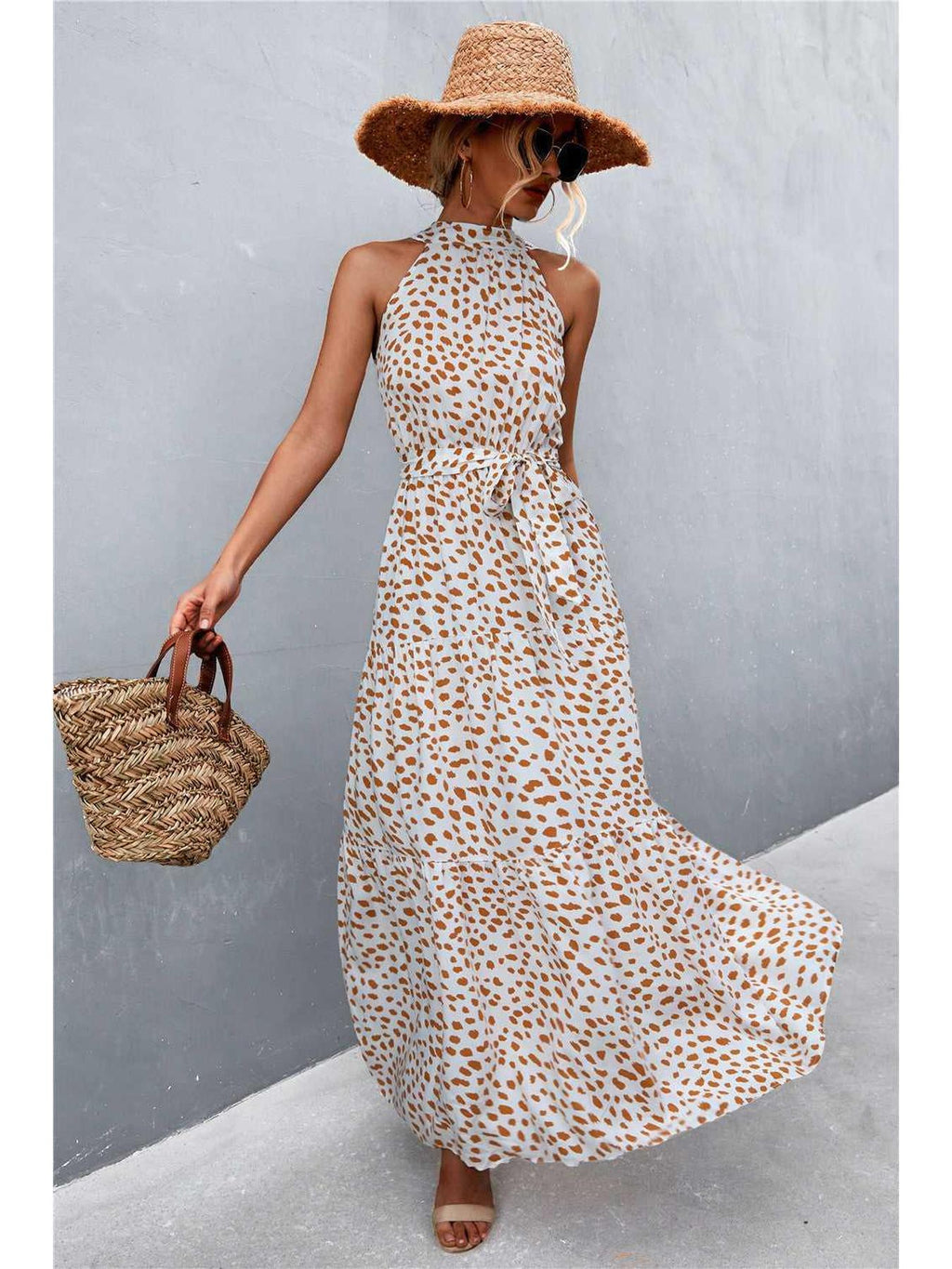 Printed Sleeveless Tie Waist Maxi Dress -- 