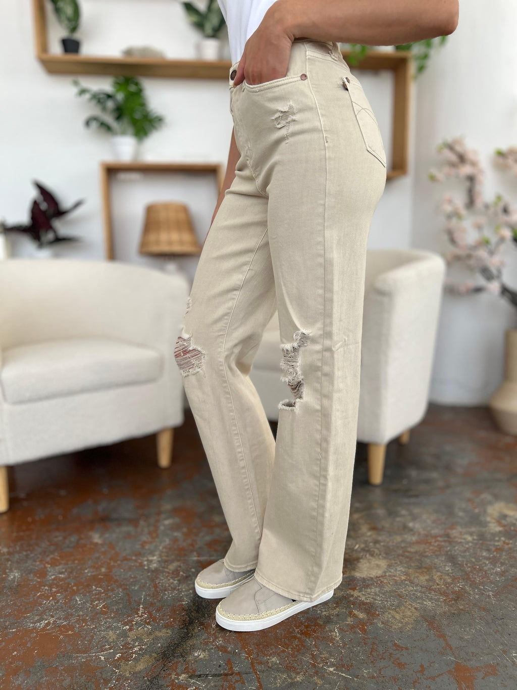 Judy Blue Full Size High Waist Distressed Wide Leg Jeans -- 