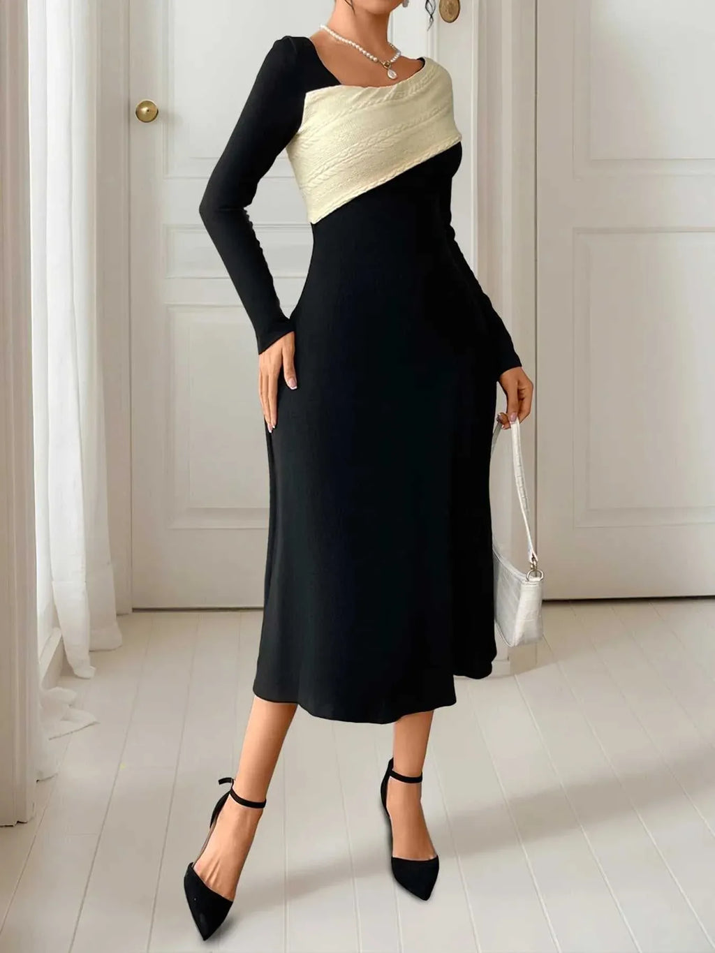 Asymmetrical Contrast Long Sleeve Dress -- 