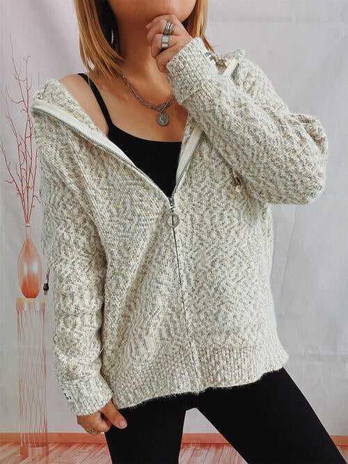 Zip Up Drawstring Long Sleeve Hooded Sweater -- 