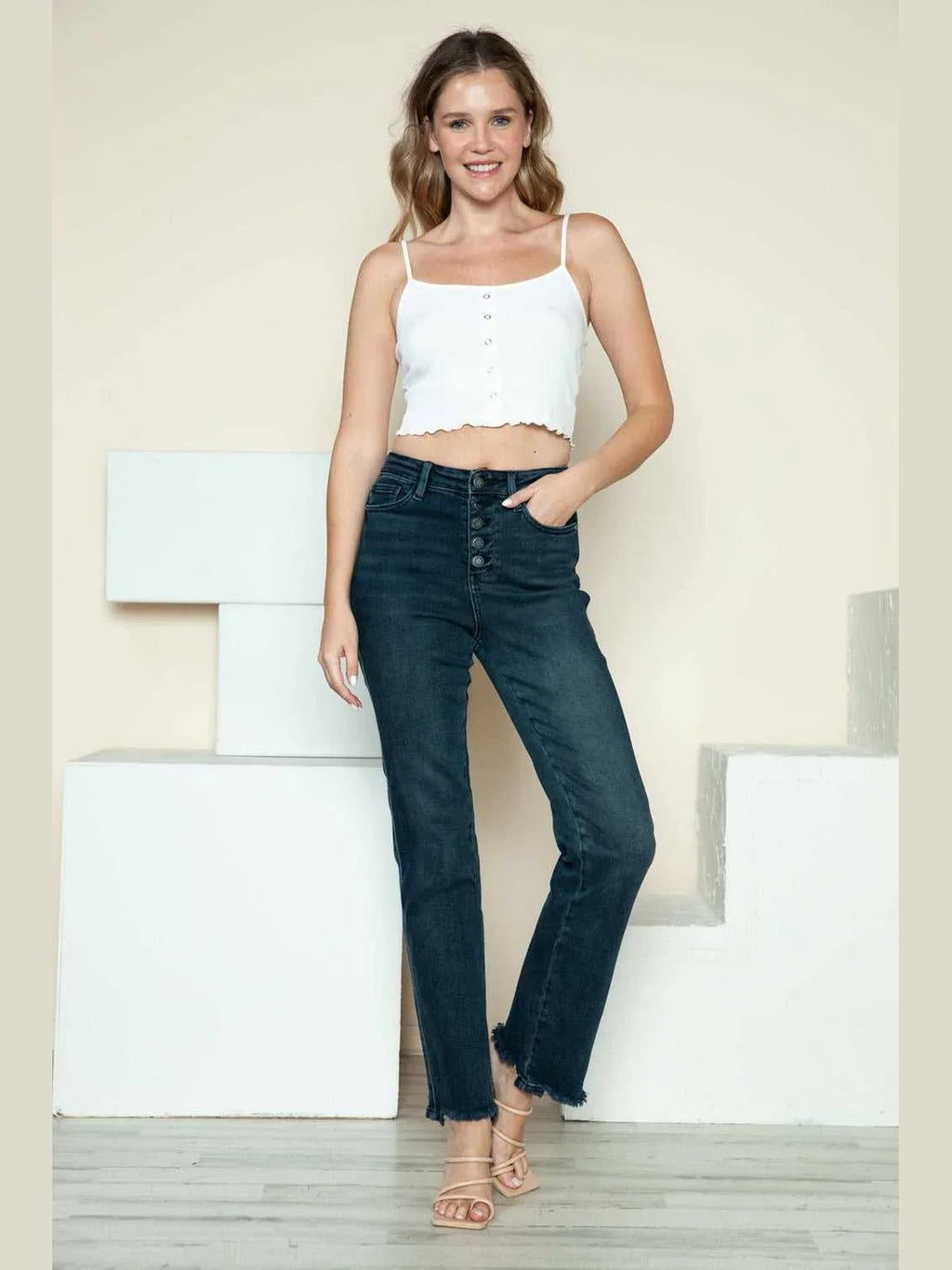 Judy Blue Full Size Button Fly Hem Destroy Straight Jeans -- 
