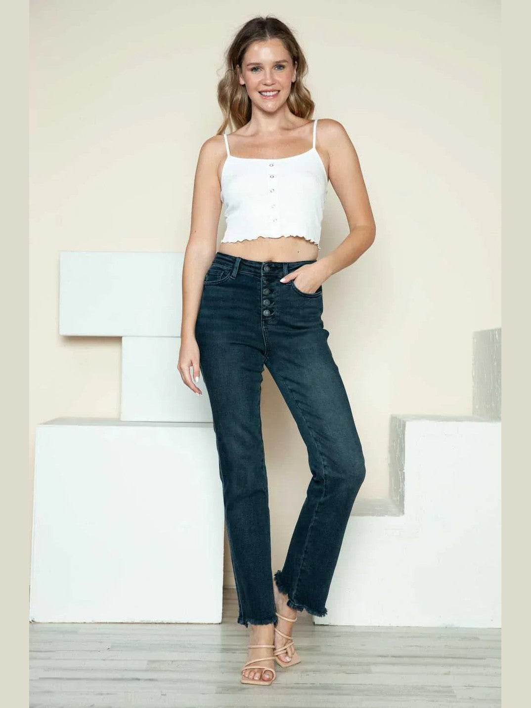 Judy Blue Full Size Button Fly Hem Destroy Straight Jeans -- 
