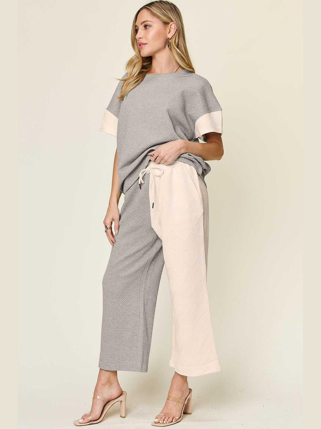 Double Take Full Size Texture Contrast T-Shirt and Wide Leg Pants Set -- 