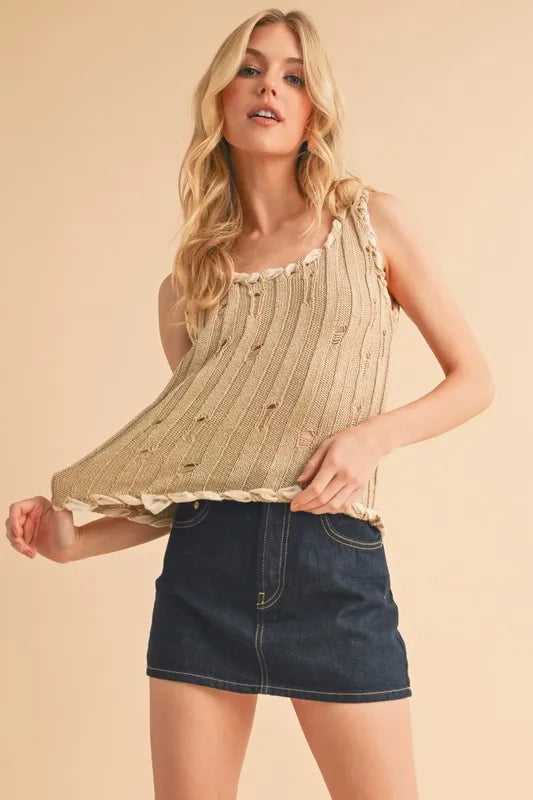 Aemi+Co Distressed Detail Round Neck Knit Tank