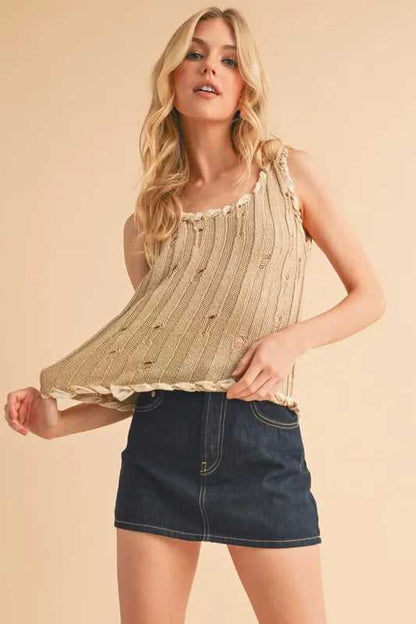 Aemi+Co Distressed Detail Round Neck Knit Tank