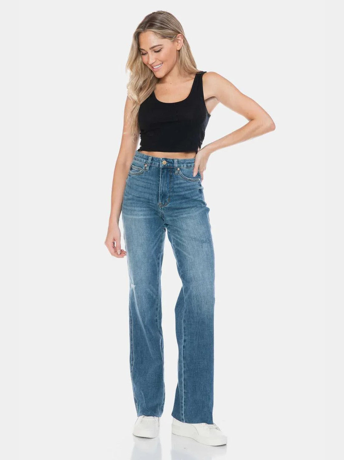 Judy Blue Full Size Tummy Control Cut Raw Hem Straight Jeans -- 