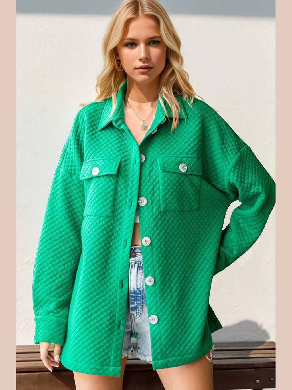 Double Take Full Size Textured Button Up Drop Shoulder Shacket -- 