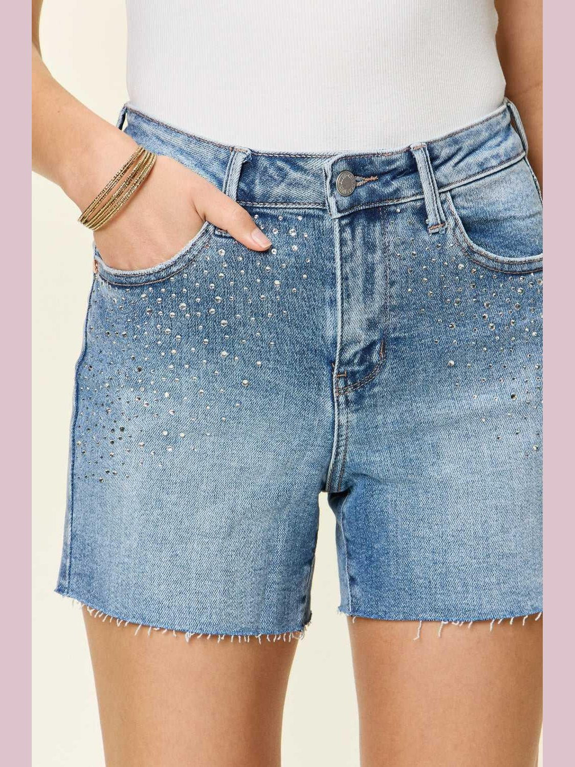 Judy Blue Full Size High Waist Rhinestone Decor Denim Shorts -- 
