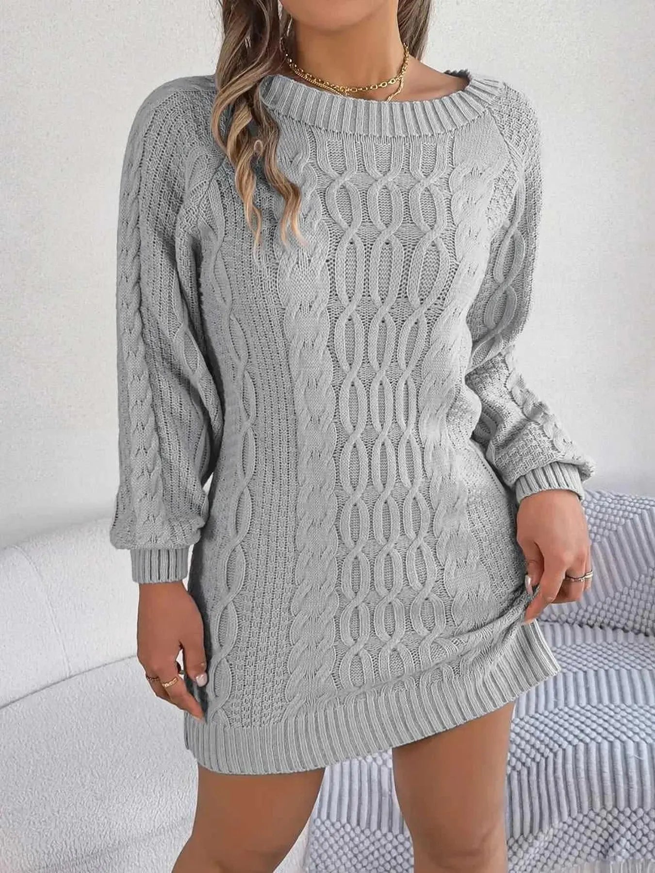 Cable-Knit Round Neck Sweater Dress -- 