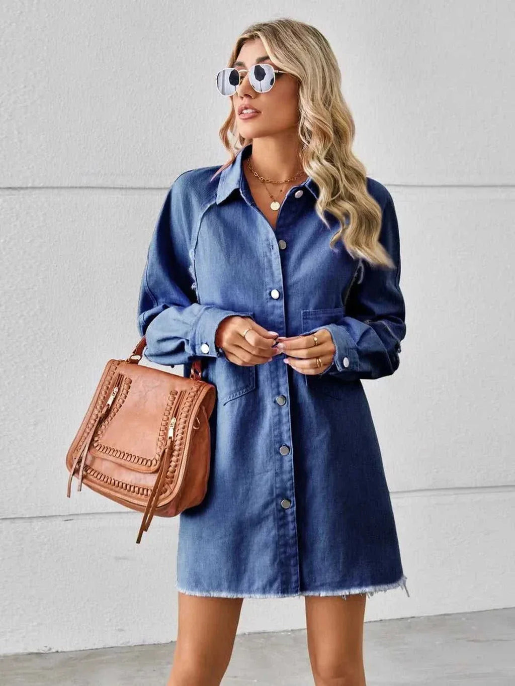 Raw Hem Button Up Denim Dress -- 