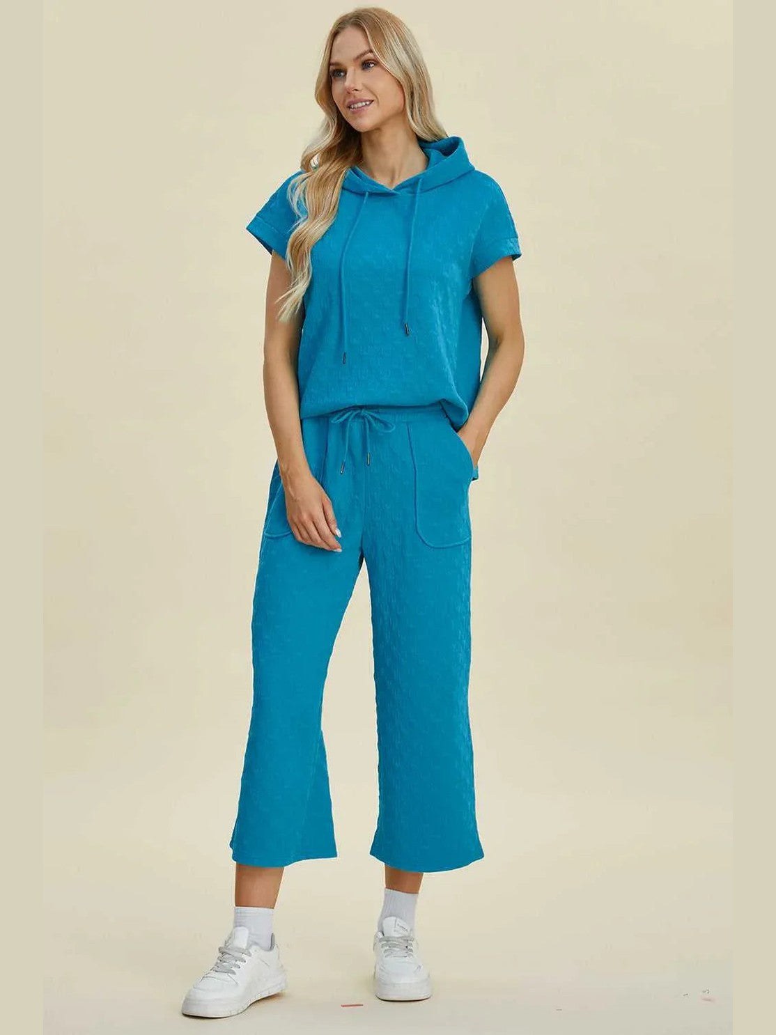 Double Take Full Size Texture Drawstring Short Sleeve Hoodie and Pocketed Pants Set -- 