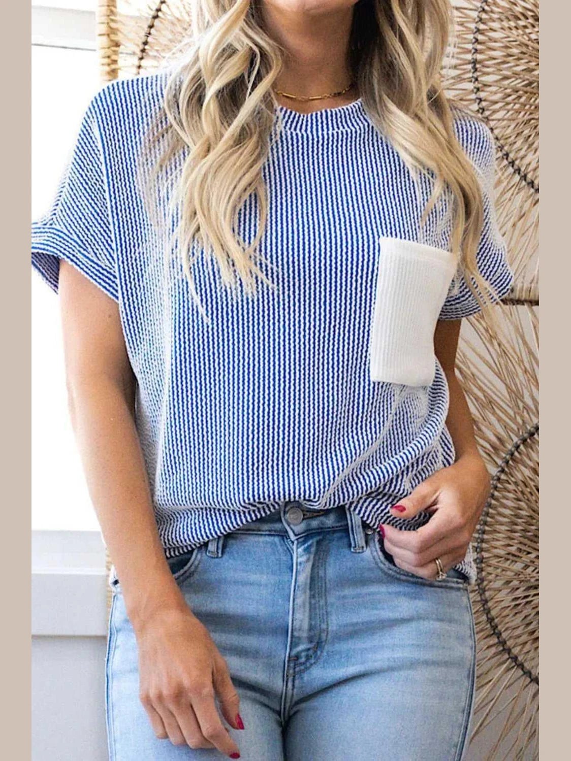 Corded Knit Color Block Pocketed Crew Neck T Shirt -- 