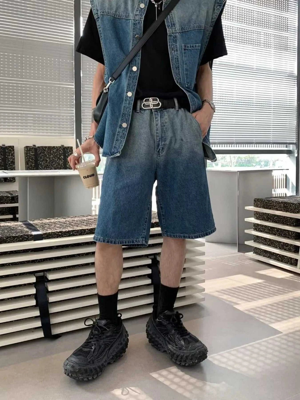 Men's Plus Size Button Up Vest and Shorts Denim Set