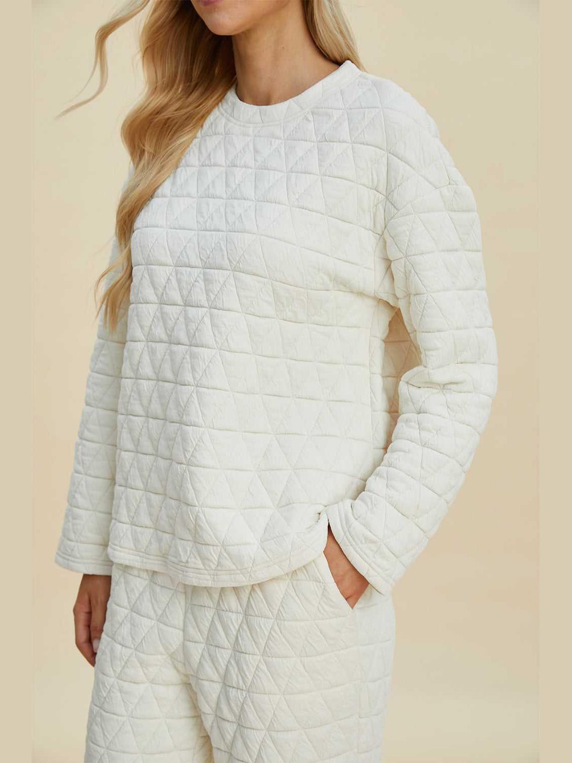 Double Take Full Size Texture Round Neck Long Sleeve Top and Pants Set -- 
