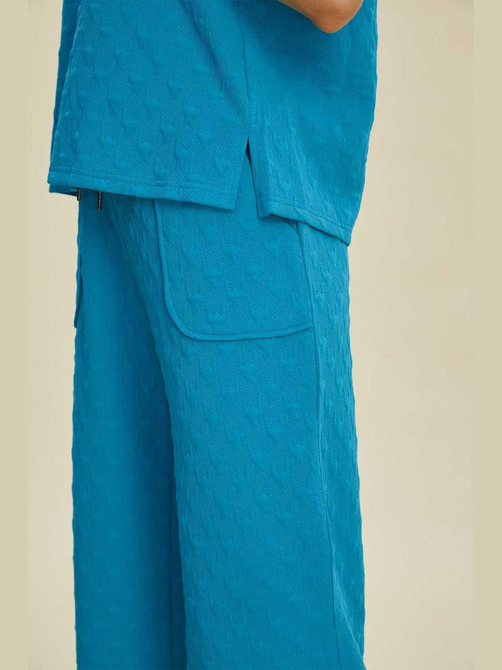 Double Take Full Size Texture Drawstring Short Sleeve Hoodie and Pocketed Pants Set -- 