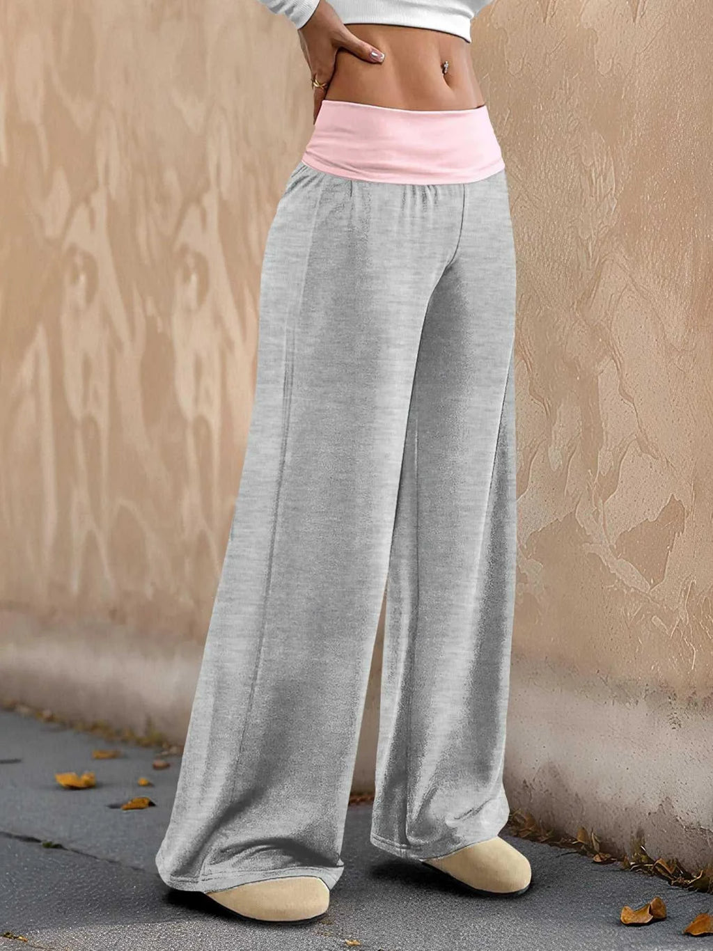 Contrast Waistband Wide Leg Pants -- 
