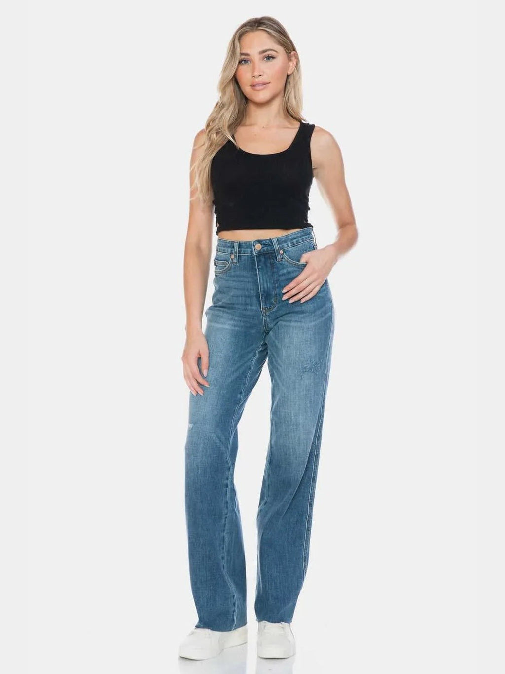 Judy Blue Full Size Tummy Control Cut Raw Hem Straight Jeans -- 