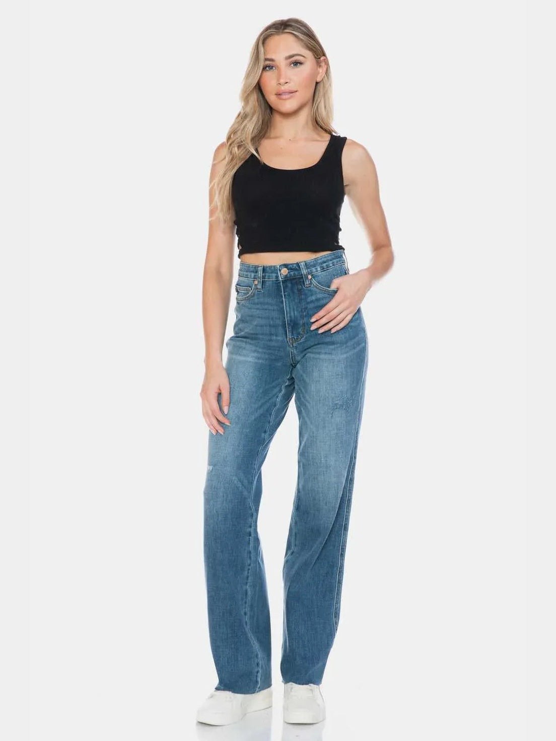 Judy Blue Full Size Tummy Control Cut Raw Hem Straight Jeans -- 