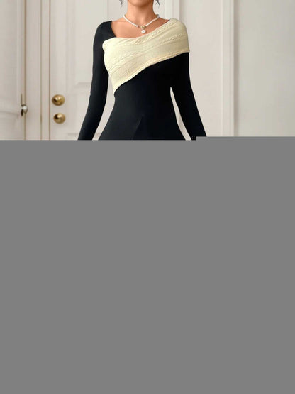 Asymmetrical Contrast Long Sleeve Dress