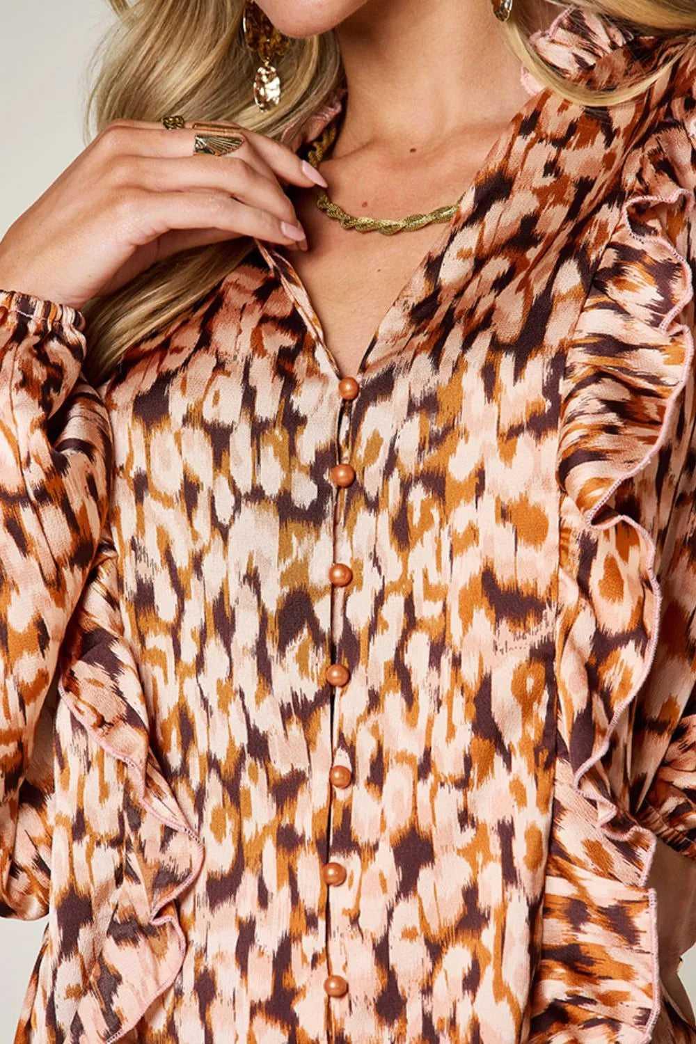 Double Take Full Size Printed Ruffle Trim Balloon Sleeve Shirt -- 
