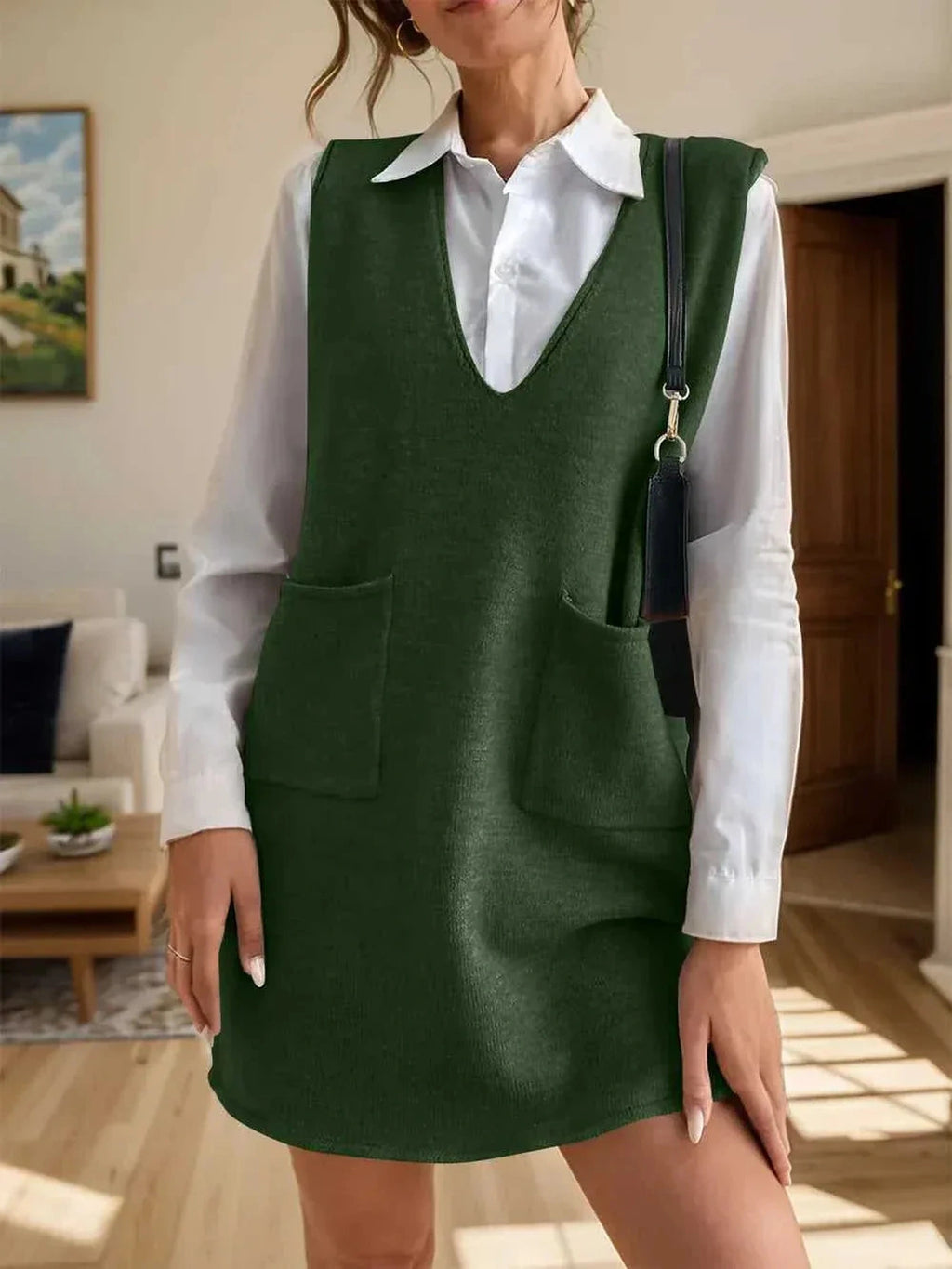 V-Neck Sleeveless Sweater Dress with Pockets -- 