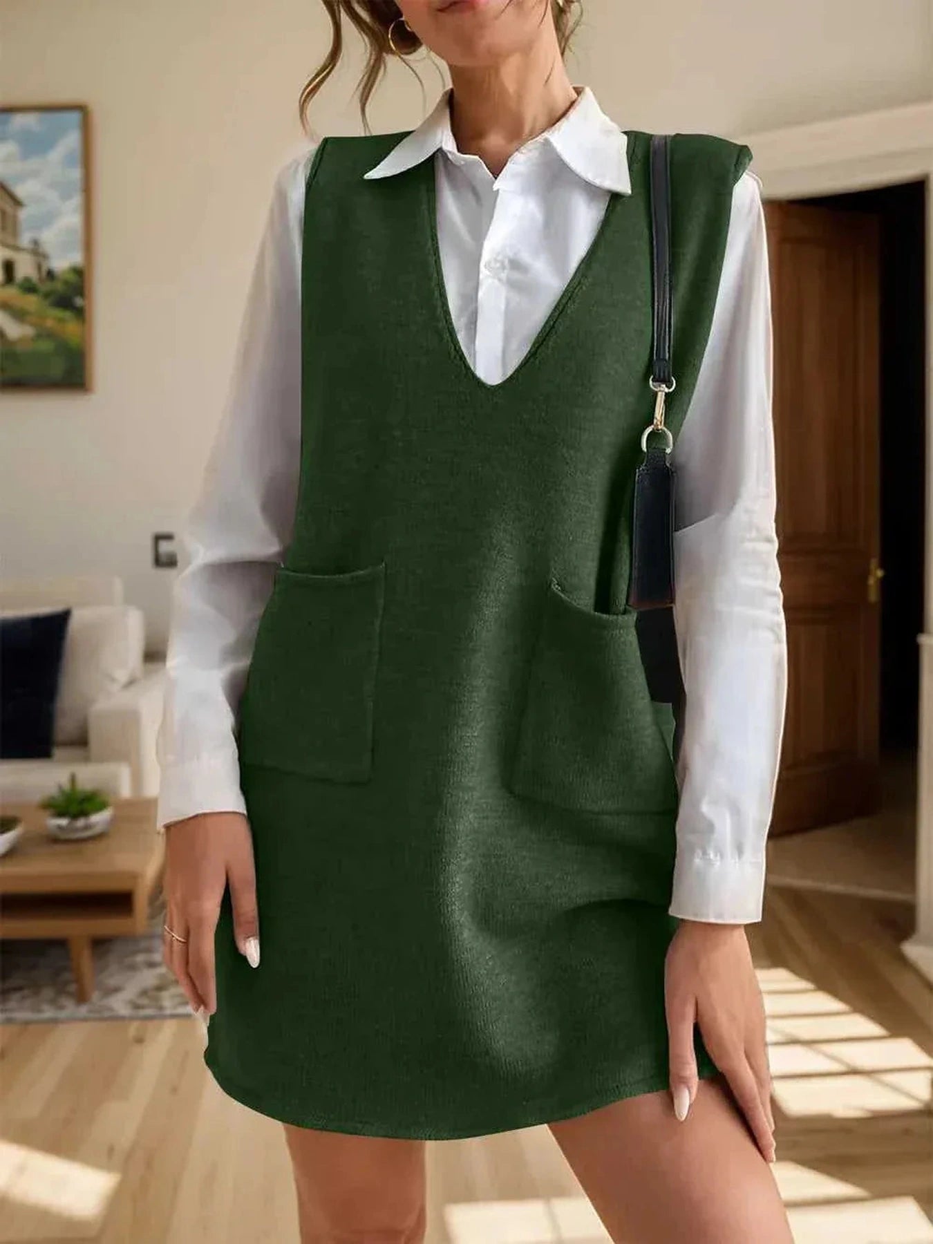 V-Neck Sleeveless Sweater Dress with Pockets -- 