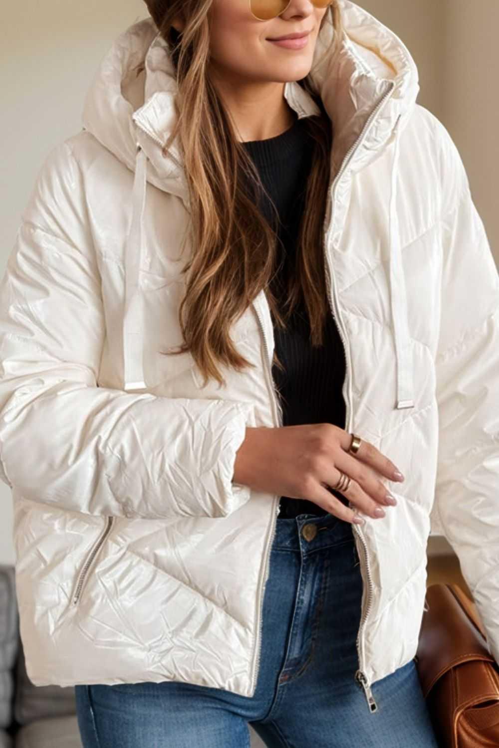 Drawstring Zip Up Long Sleeve Hooded Winter Coat -- 