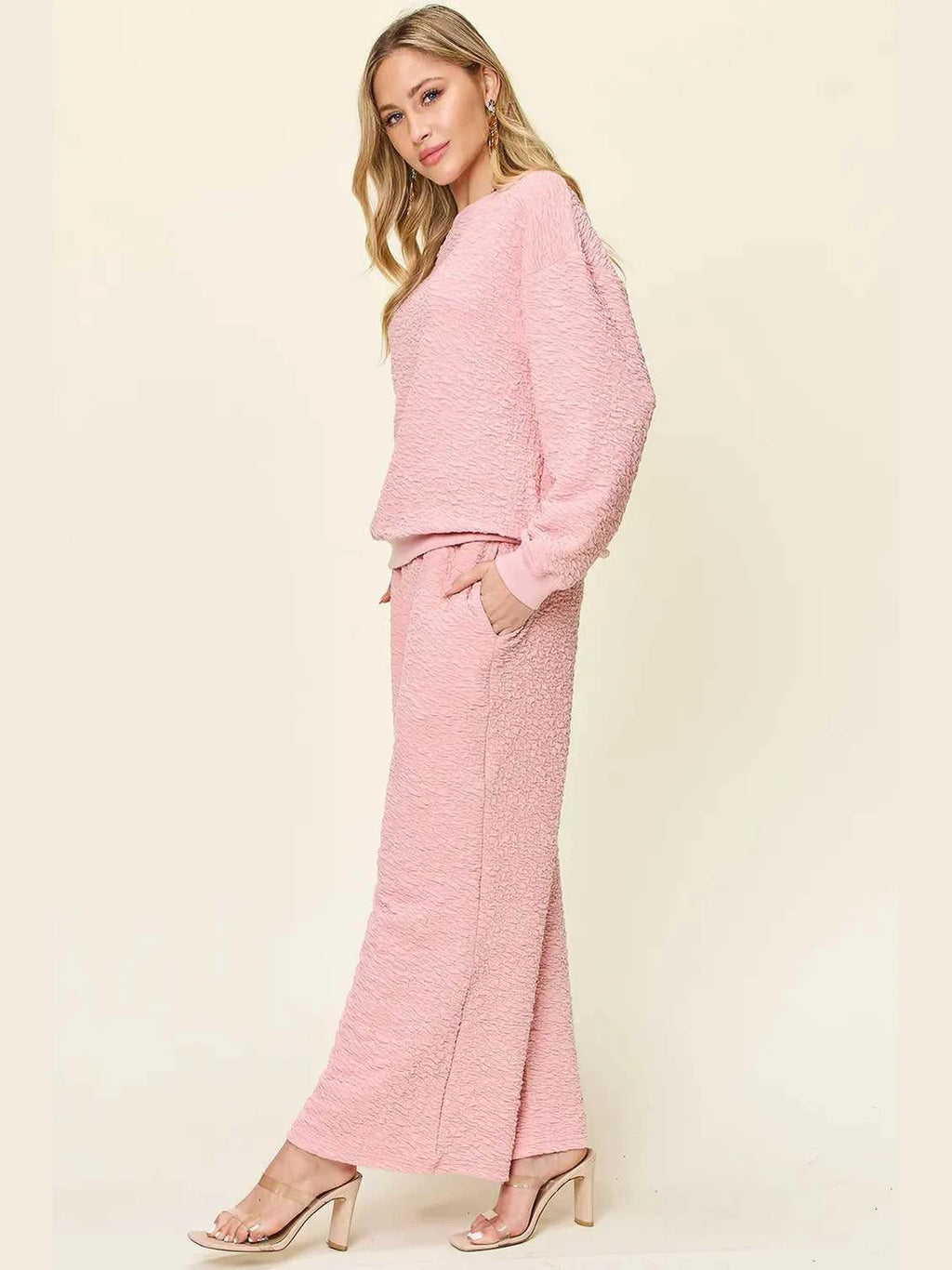 Double Take Full Size Texture Long Sleeve Top and Pants Set -- 