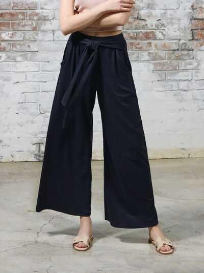 Tied Wide Leg Pants with Pockets -- 