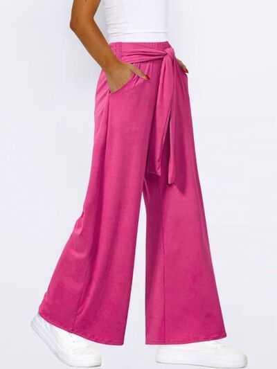 Tied Wide Leg Pants with Pockets -- 