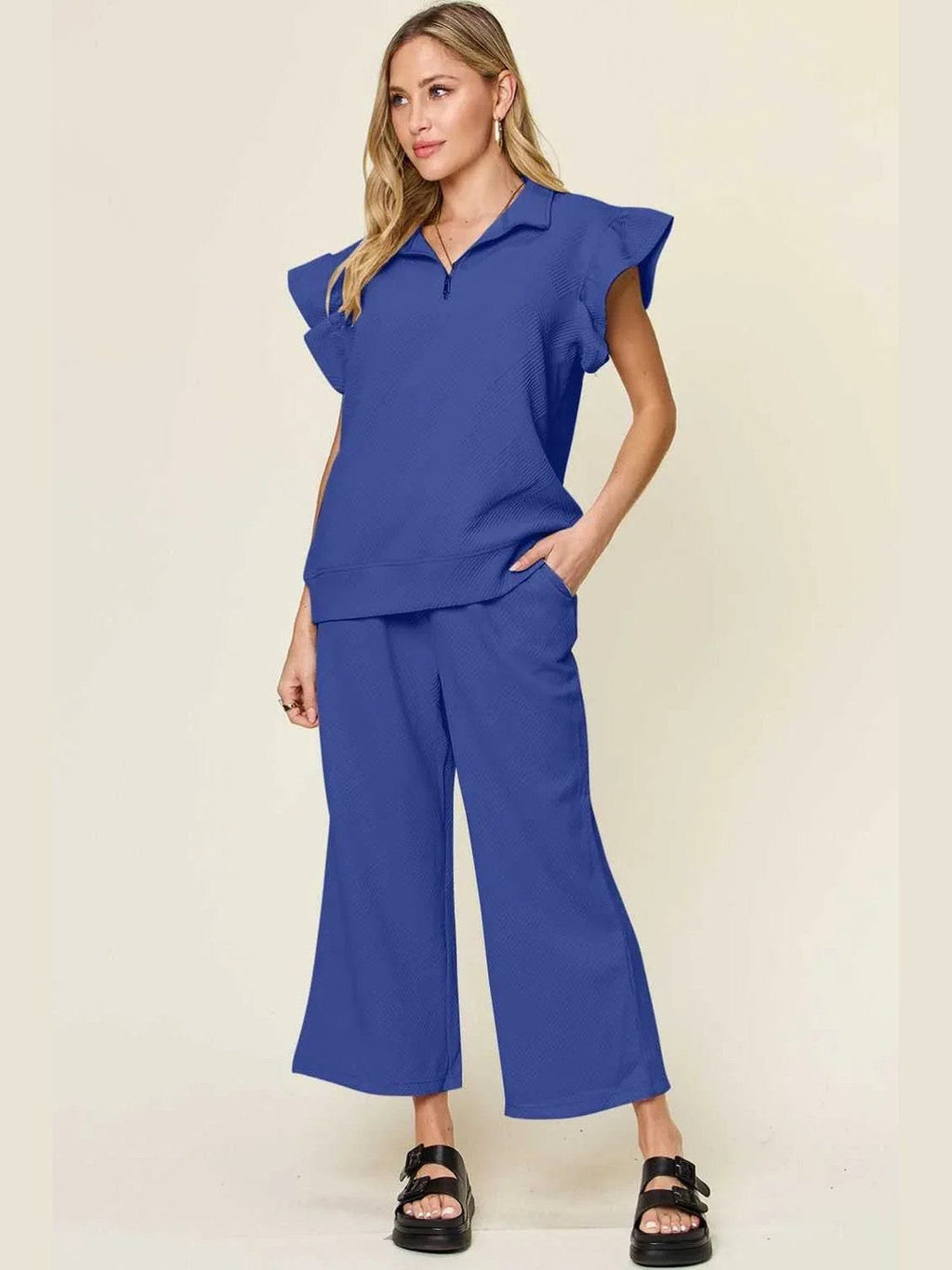 Ruffle Short Sleeve Top and Drawstring Wide Leg Pants Set -- 