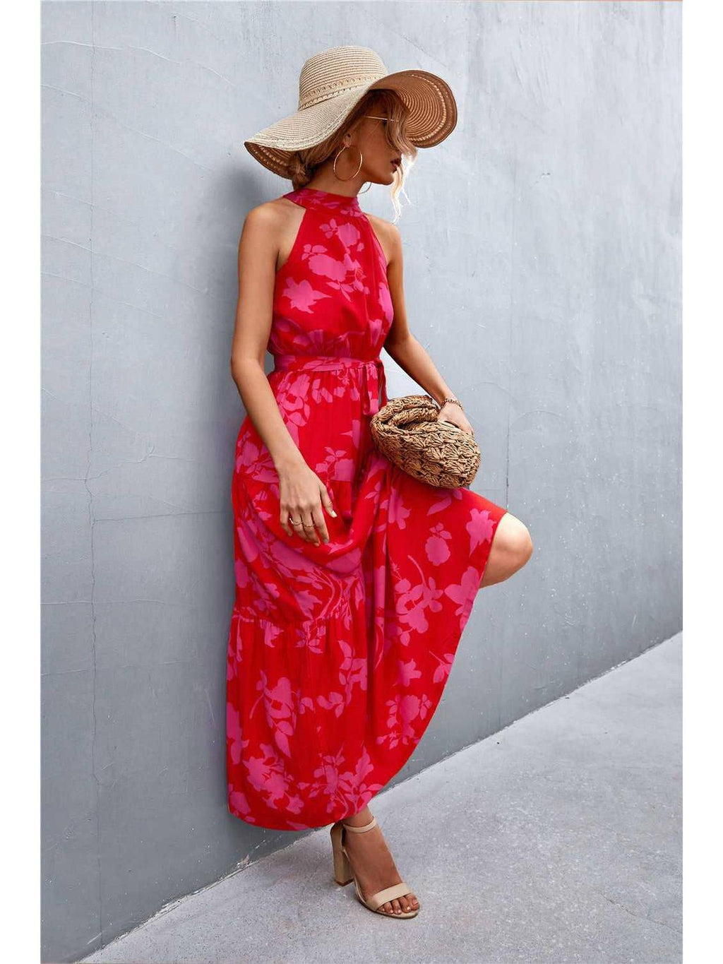 Printed Sleeveless Tie Waist Maxi Dress -- 