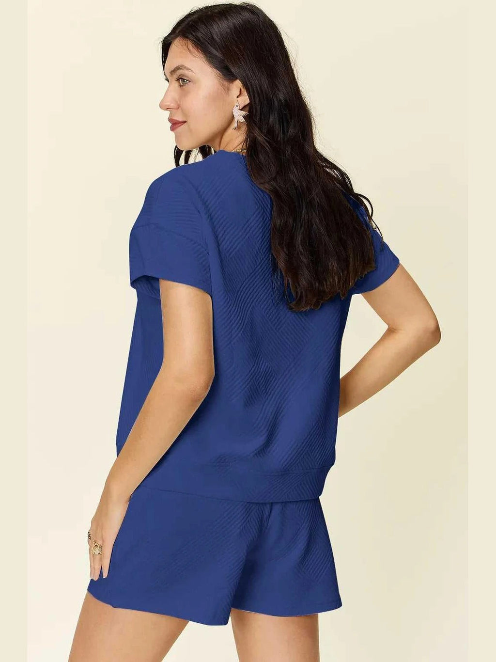 Double Take Full Size Texture Short Sleeve T-Shirt and Drawstring Shorts Set -- 