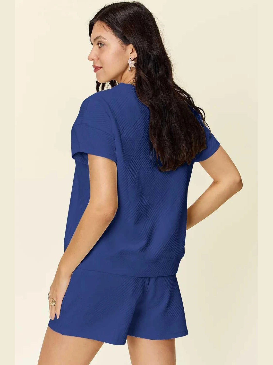 Double Take Full Size Texture Short Sleeve T-Shirt and Drawstring Shorts Set -- 