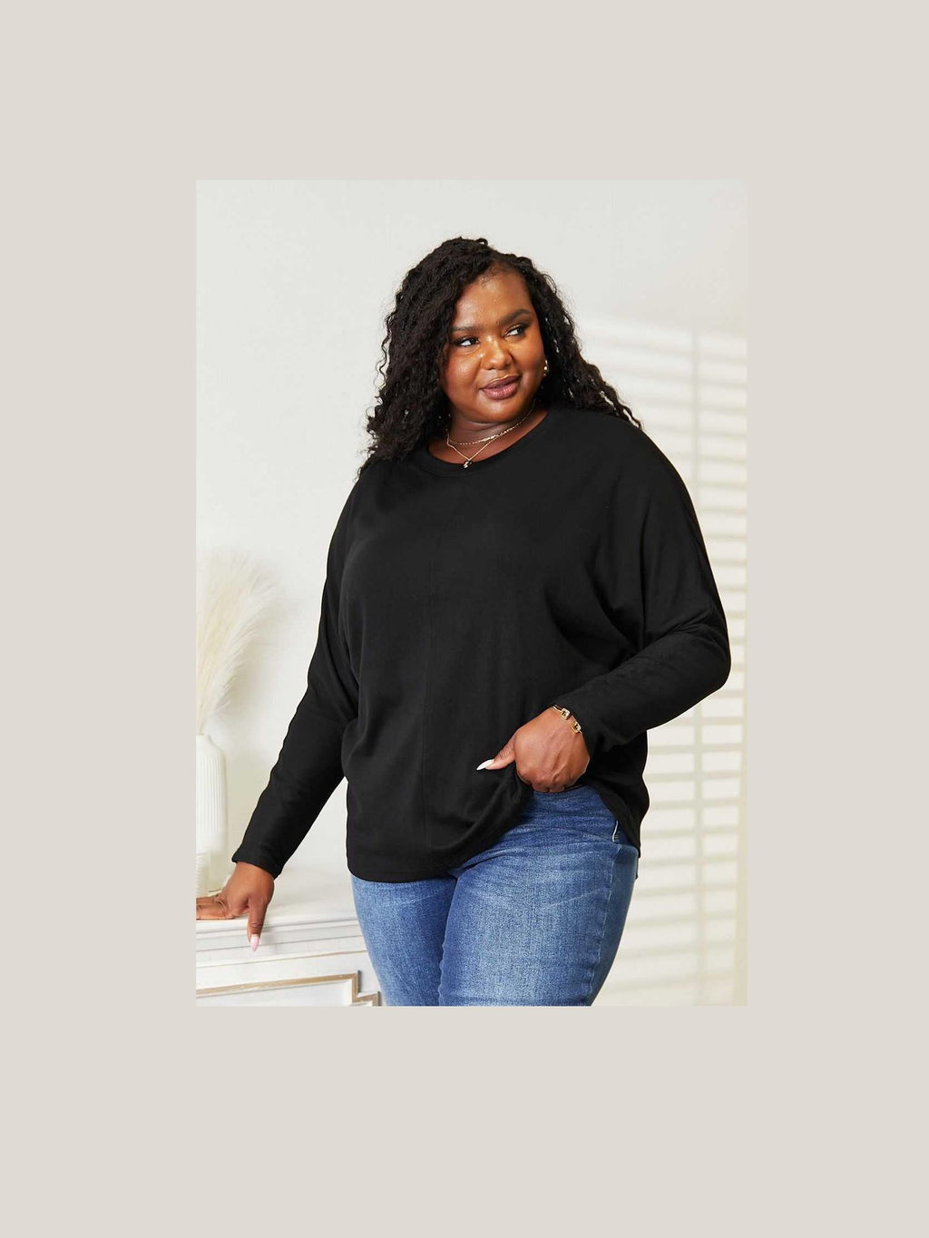 Double Take Seam Detail Round Neck Long Sleeve Top -- 